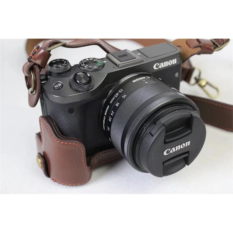 PU Leather Protective Bag Cover + Strap + Camera Lens Bag for Canon EOS M6 with 15-45mm Lens - Coffee