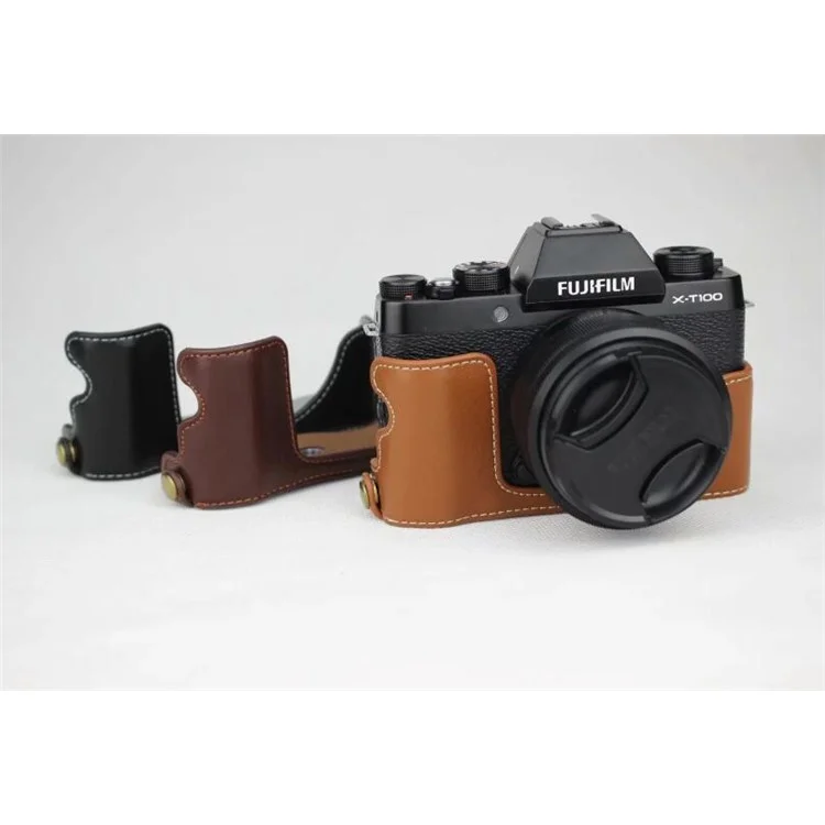 Genuine Leather Half Bottom Camera Protection Shell for Fujifilm X-T100 - Coffee