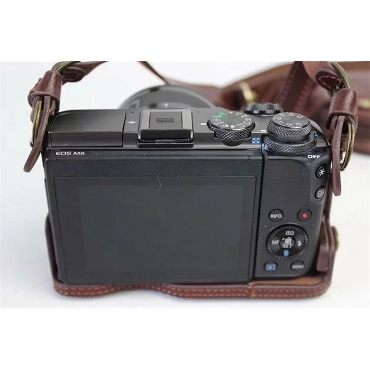 Split Leather Protective Shell + Strap + Camera Lens Bag for Canon EOS M6 (15-45mm) - Coffee