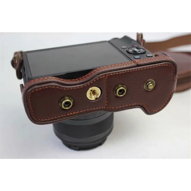 Split Leather Protective Shell + Strap + Camera Lens Bag for Canon EOS M6 (15-45mm) - Coffee