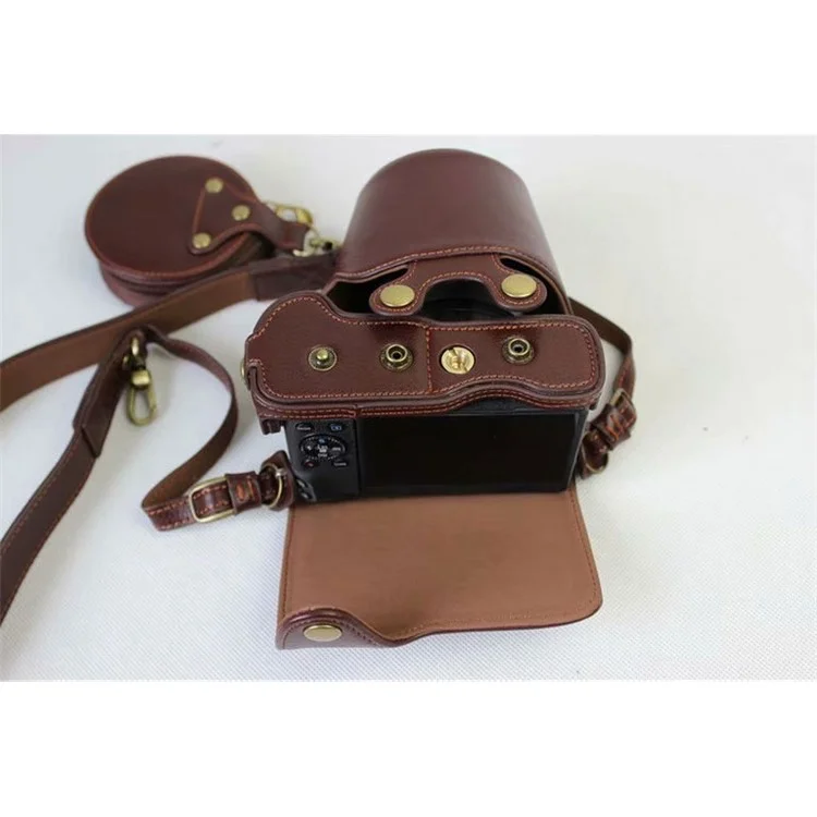 Split Leather Protective Shell + Strap + Camera Lens Bag for Canon EOS M6 (15-45mm) - Coffee