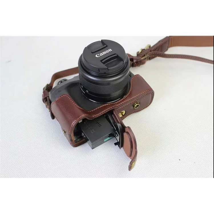 Split Leather Protective Shell + Strap + Camera Lens Bag for Canon EOS M6 (15-45mm) - Coffee