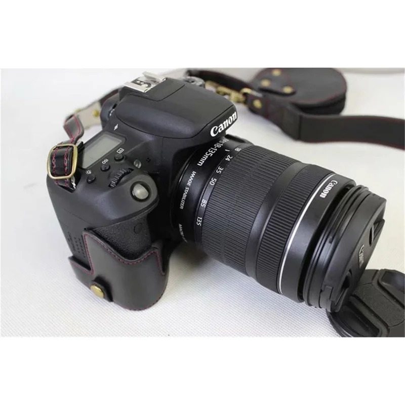 PU Leather Camera Protective Pouch Bag + Strap + Camera Lens Bag for Canon EOS 77D / 800D - Black