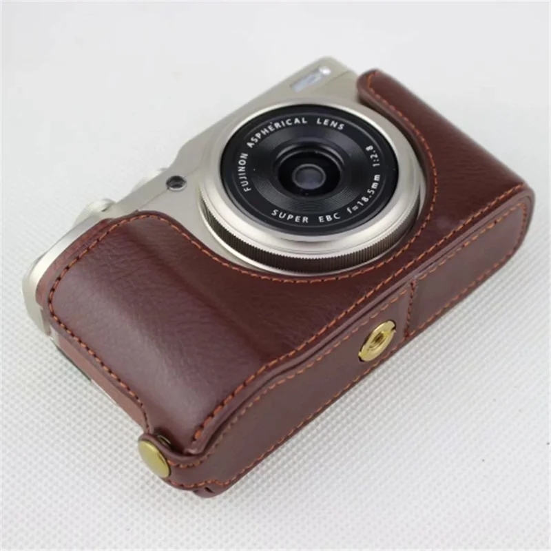 Genuine Leather Half Bottom Camera Pouch Case for Fujifilm XF10 Digital Compact Camera - Coffee