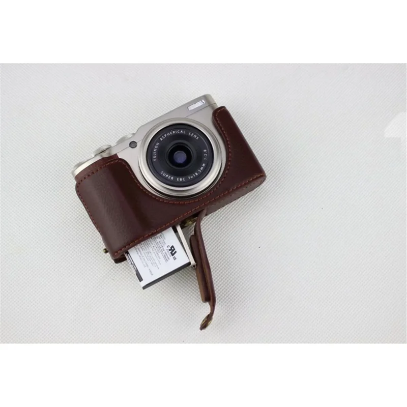 Genuine Leather Half Bottom Camera Pouch Case for Fujifilm XF10 Digital Compact Camera - Coffee