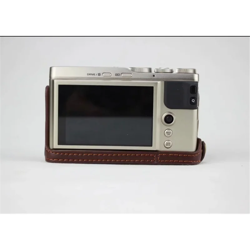 Genuine Leather Half Bottom Camera Pouch Case for Fujifilm XF10 Digital Compact Camera - Coffee