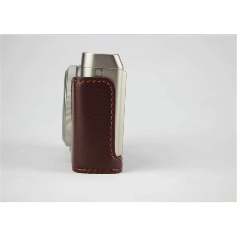 Genuine Leather Half Bottom Camera Pouch Case for Fujifilm XF10 Digital Compact Camera - Coffee