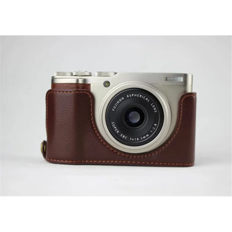 Genuine Leather Half Bottom Camera Pouch Case for Fujifilm XF10 Digital Compact Camera - Coffee