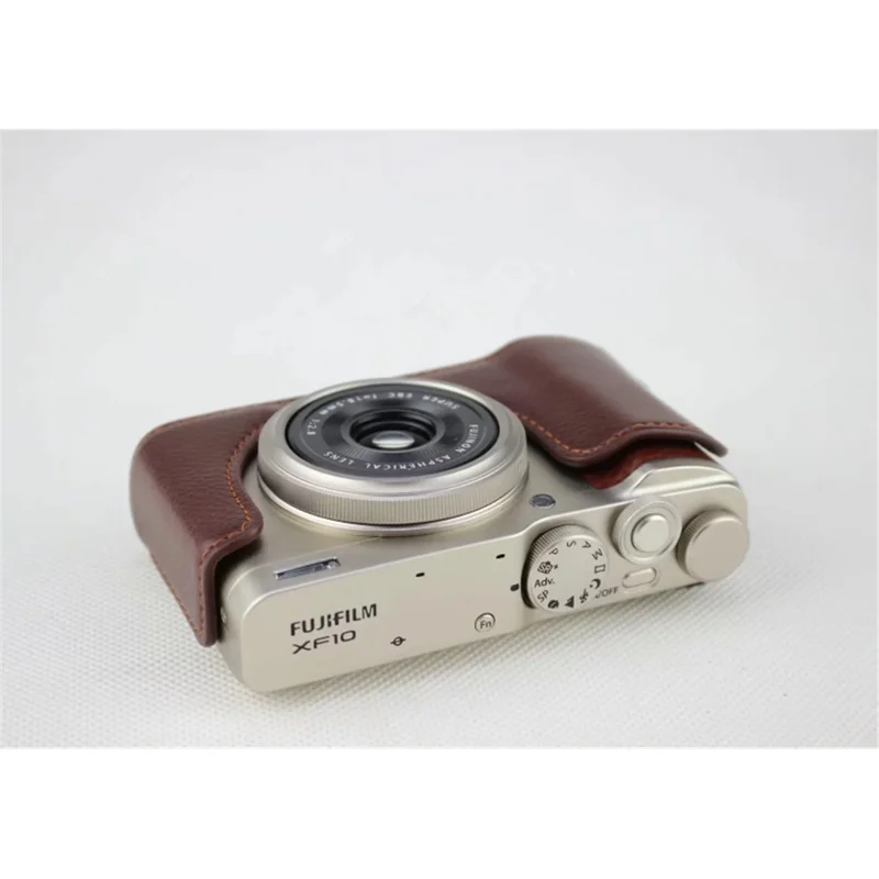 Genuine Leather Half Bottom Camera Pouch Case for Fujifilm XF10 Digital Compact Camera - Coffee