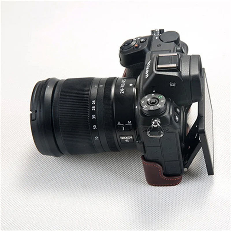 Para Nikon Z7 Case de Protección de la Cámara de Media Parte Inferior de Cuero Genuino Con Correa - Marrón