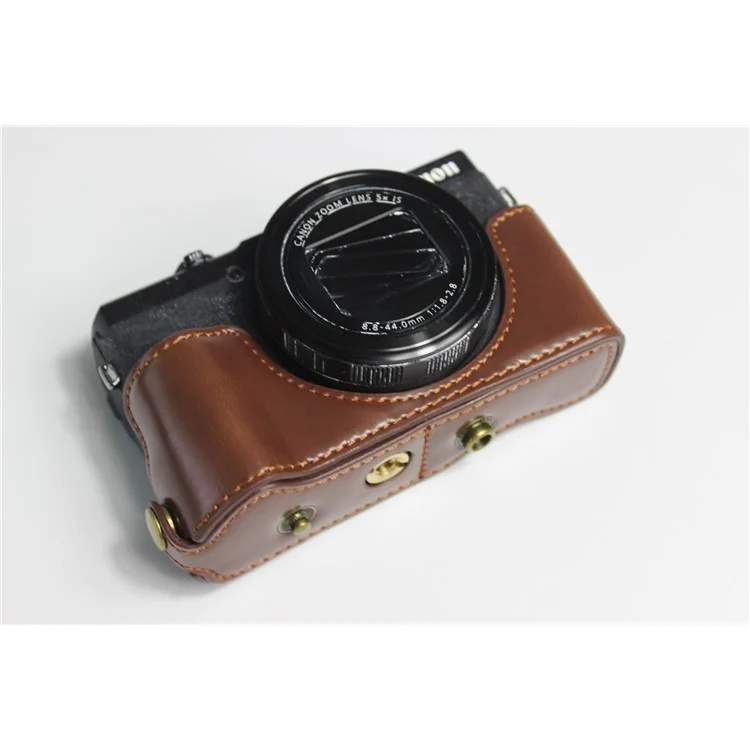 Étui semi-rigide en cuir PU avec dragonne pour Canon PowerShot G5 X Mark II - Café