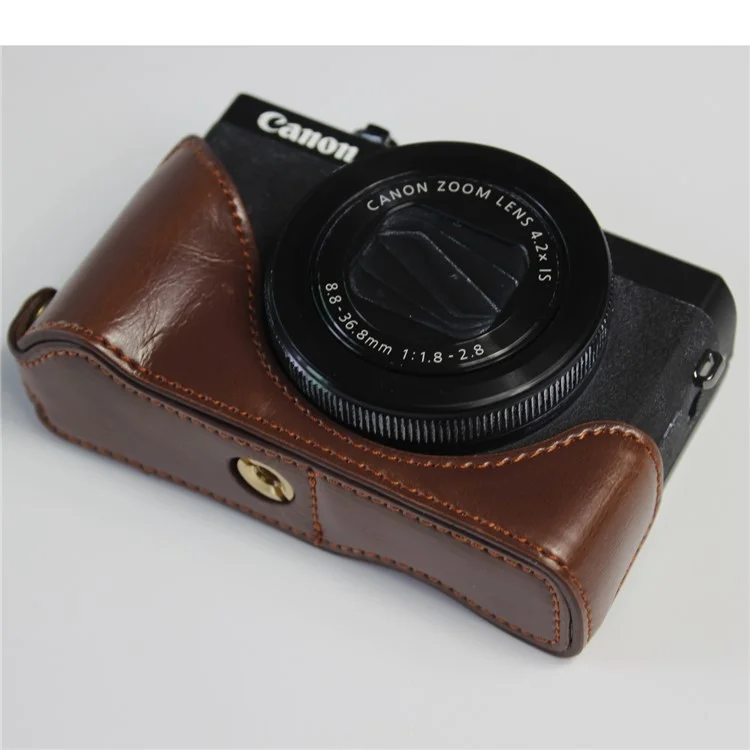PU Leather Half Camera Case Bag Cover Protector for Canon PowerShot G7 X Mark II - Coffee