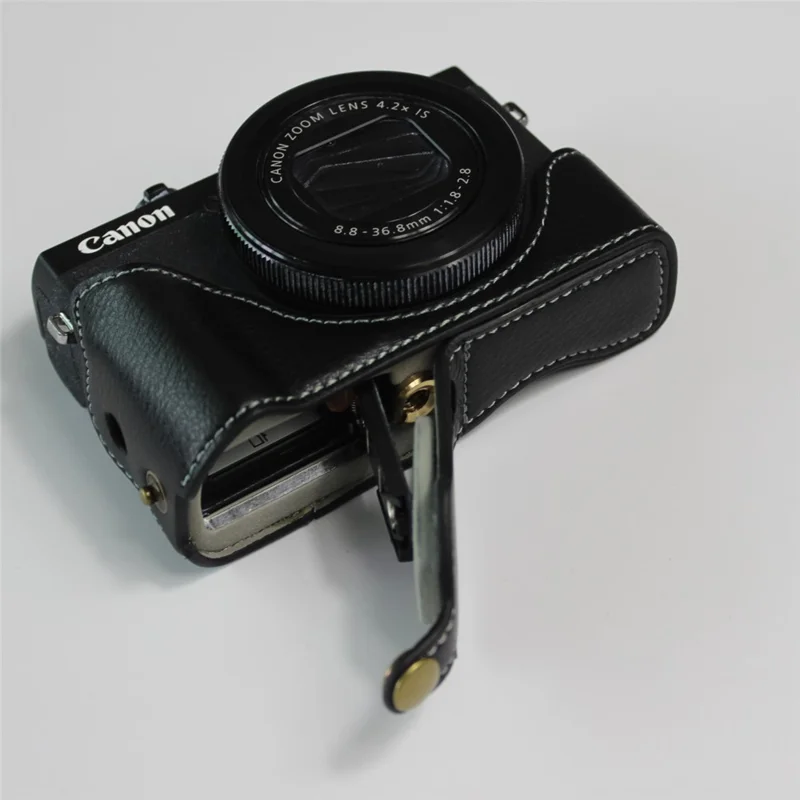 Genuine Leather Half Camera Case Bag Cover Protector for Canon PowerShot G7 X Mark III - Black