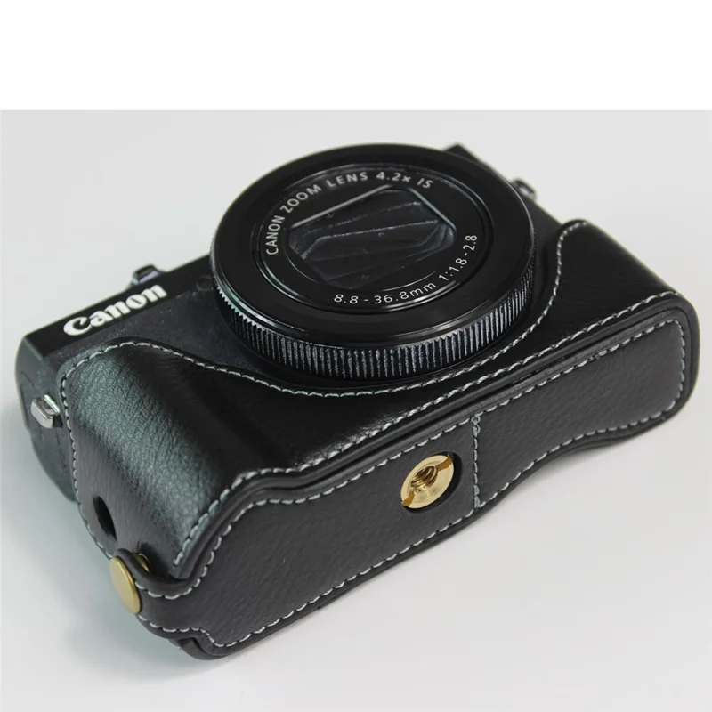 Genuine Leather Half Camera Case Bag Cover Protector for Canon PowerShot G7 X Mark III - Black