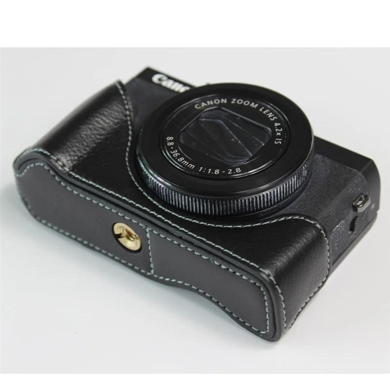 Genuine Leather Half Camera Case Bag Cover Protector for Canon PowerShot G7 X Mark III - Black