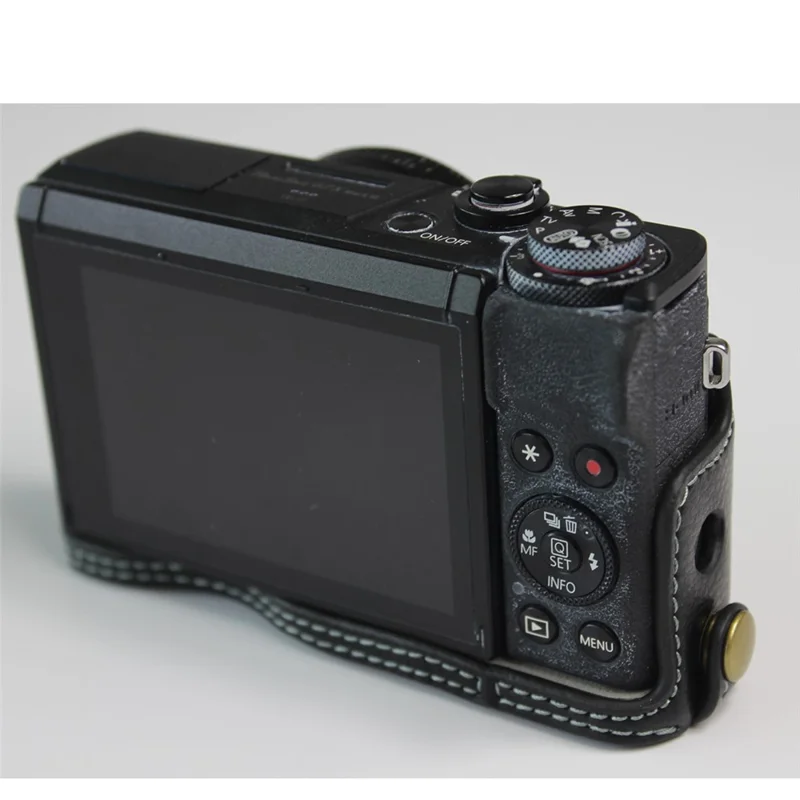 Genuine Leather Half Camera Case Bag Cover Protector for Canon PowerShot G7 X Mark III - Black