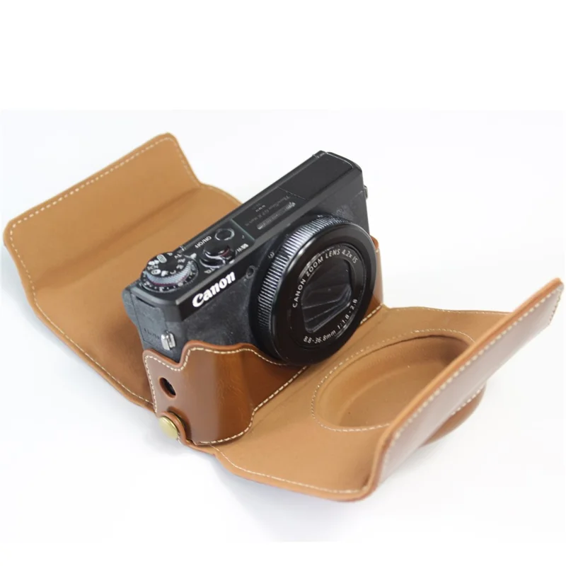PU Leather Half Camera Case Bag with Strap for Canon PowerShot G7 X Mark III - Brown
