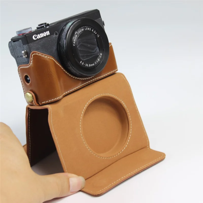 PU Leather Half Camera Case Bag with Strap for Canon PowerShot G7 X Mark III - Brown