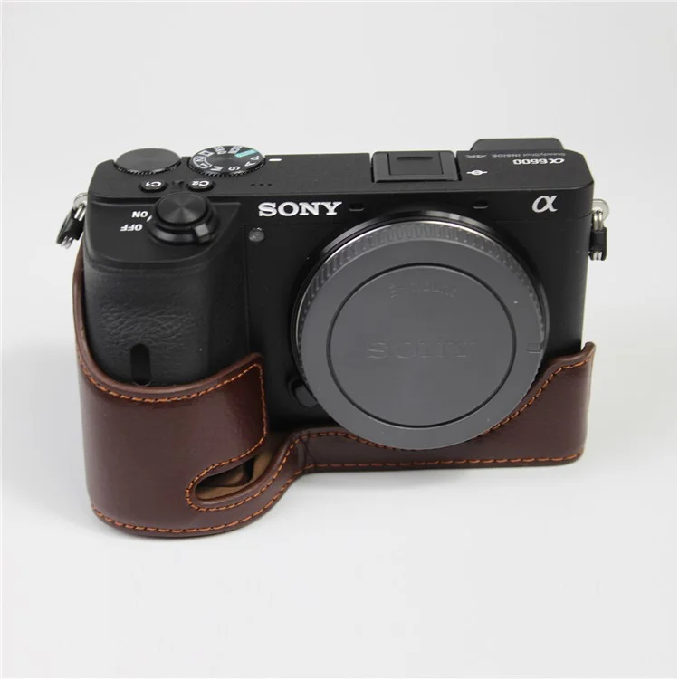 Genuine Leather Camera Protection Base Protection Semi-Case for Sony A6600 - Coffee