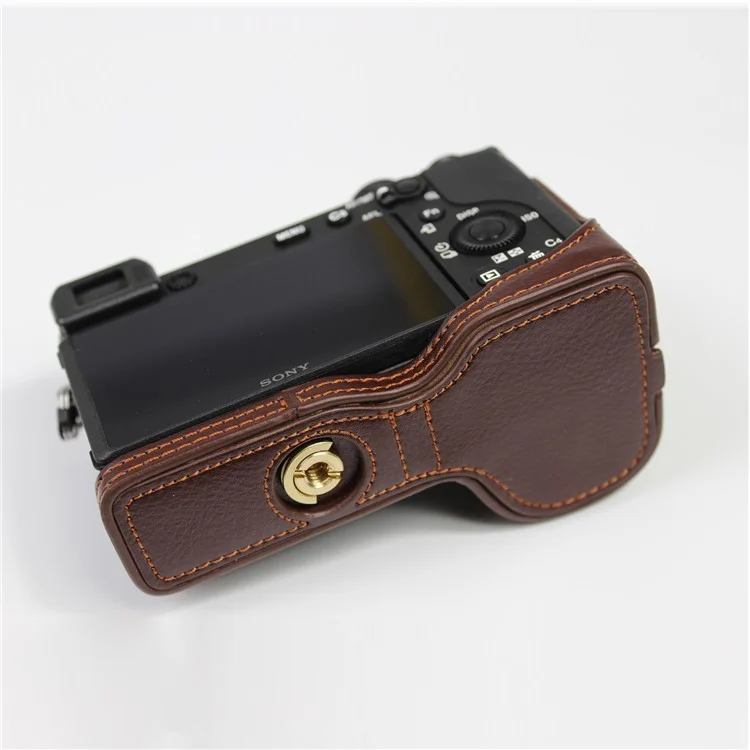 Genuine Leather Camera Protection Base Protection Semi-Case for Sony A6600 - Coffee