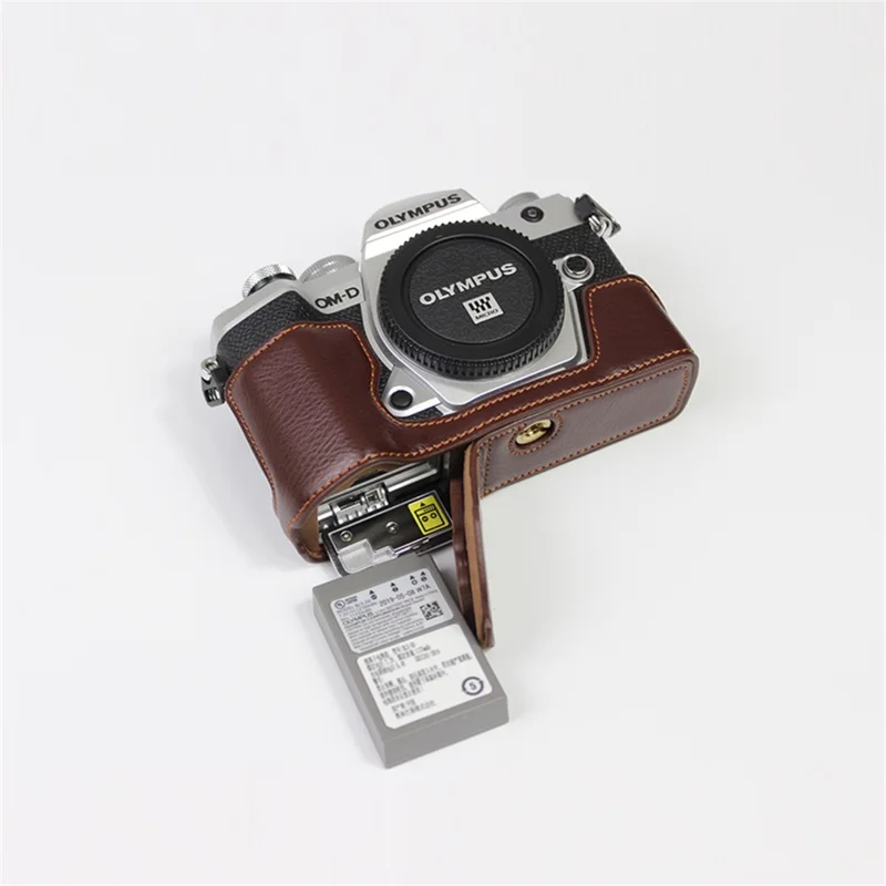 Genuine Leather Half Bottom Camera Protective Case Bag for for Olympus E-M5 Mark III / OM-5 - Brown
