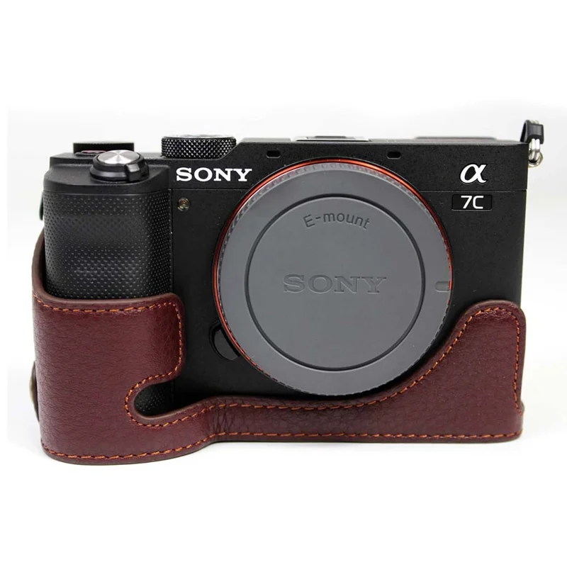 Original läderkamera halvskyddsburk för Sony A7C kamera - Kaffe