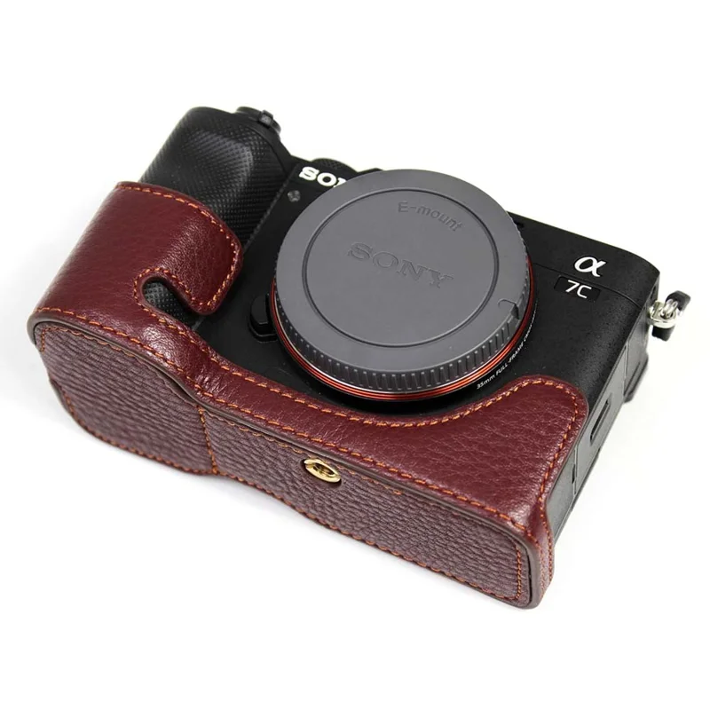 Original läderkamera halvskyddsburk för Sony A7C kamera - Kaffe