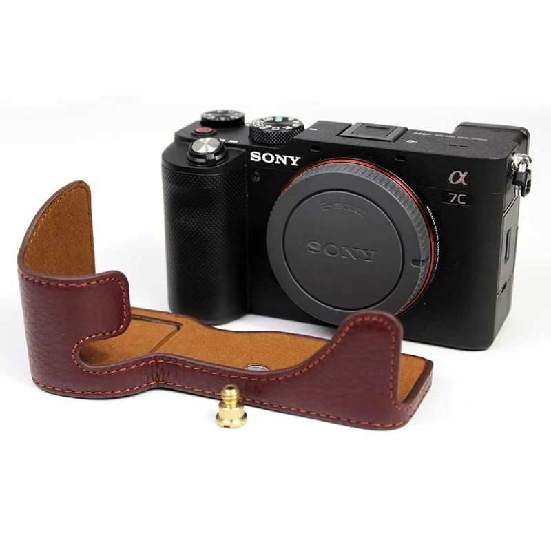 Original läderkamera halvskyddsburk för Sony A7C kamera - Kaffe