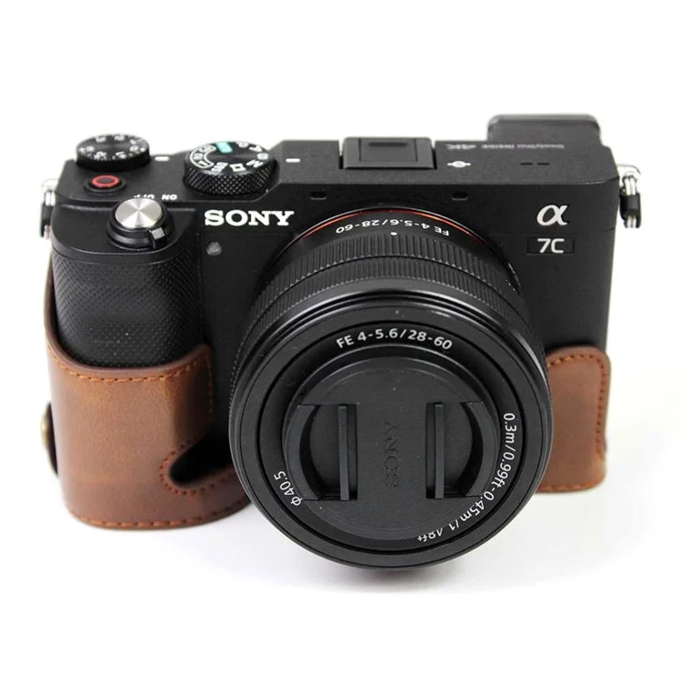 Câmera de Meia Capa de Couro PU Para Câmera Sony A7C - Café