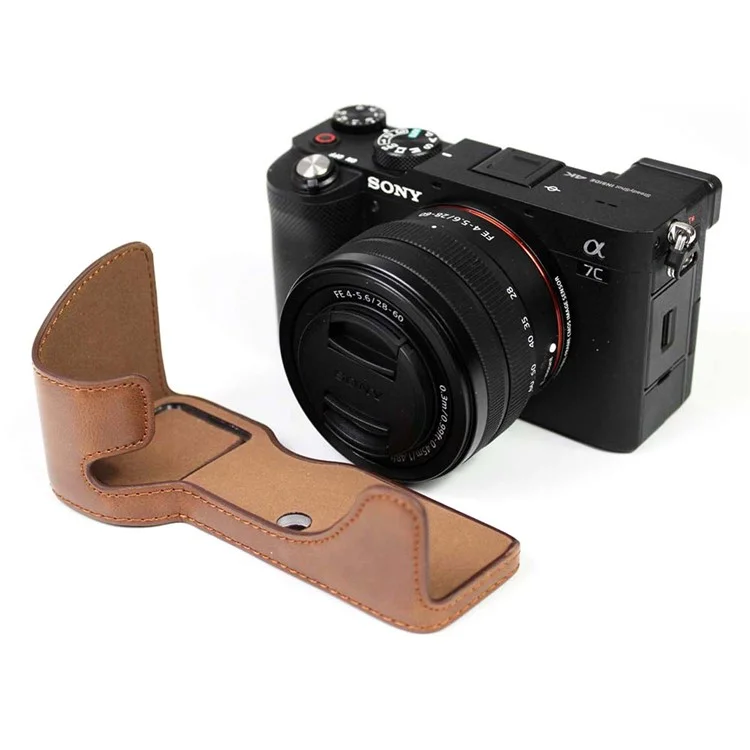 Funda de media tapa de cuero sintético PU para cámara Sony A7C - Café