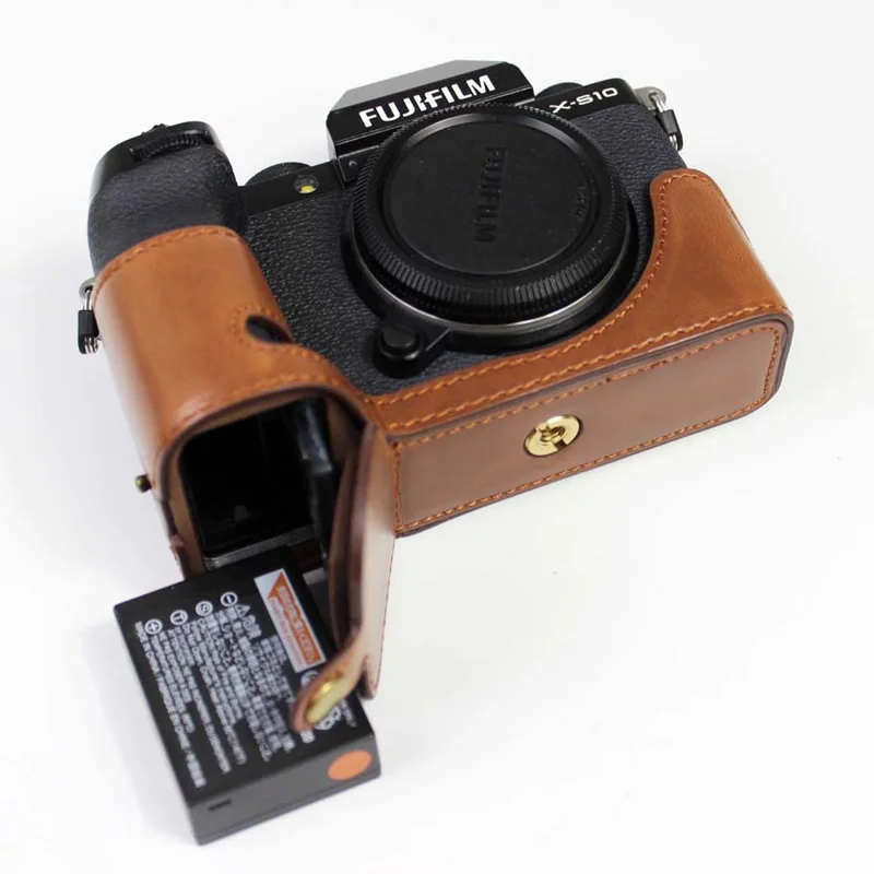 PU Leather Camera Half Case Bottom Cover with Battery Opening for Fujifilm X-S10 - Coffee