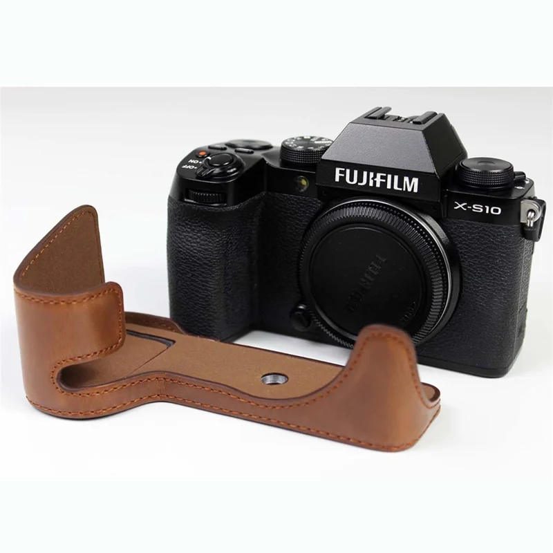 PU Leather Camera Half Case Bottom Cover with Battery Opening for Fujifilm X-S10 - Coffee