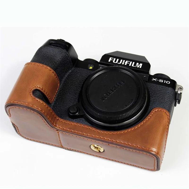 PU Leather Camera Half Case Bottom Cover with Battery Opening for Fujifilm X-S10 - Coffee