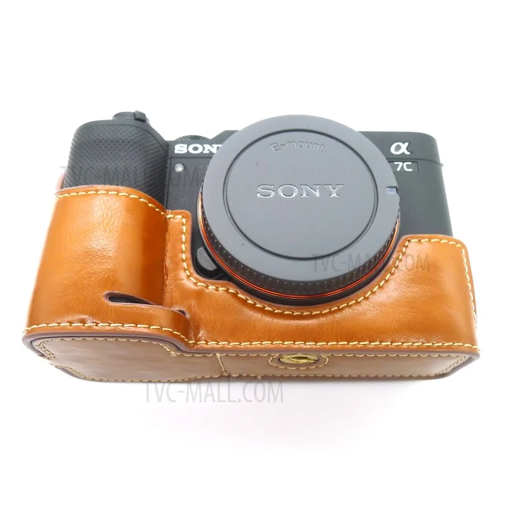 Camera Half Case PU Leather Bottom Protective Cover with Battery Opening for Sony A7C - Brown