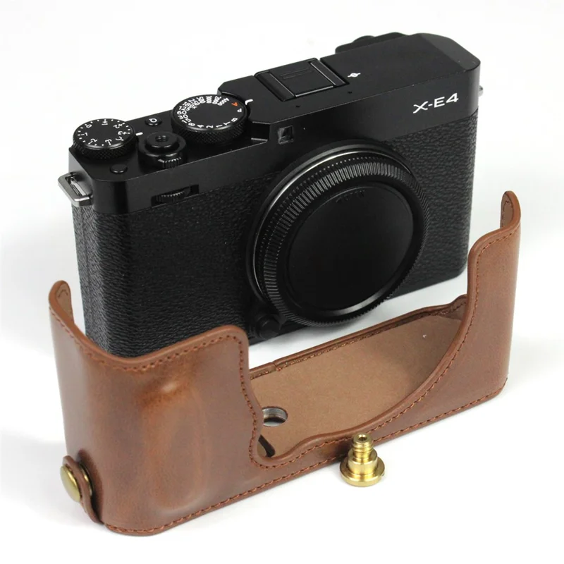 PU-Leder-Kameratasche, Bodenteil, Schutzhülle für den halben Körper mit Batteriefach für Fuji X-E4 - Kaffee