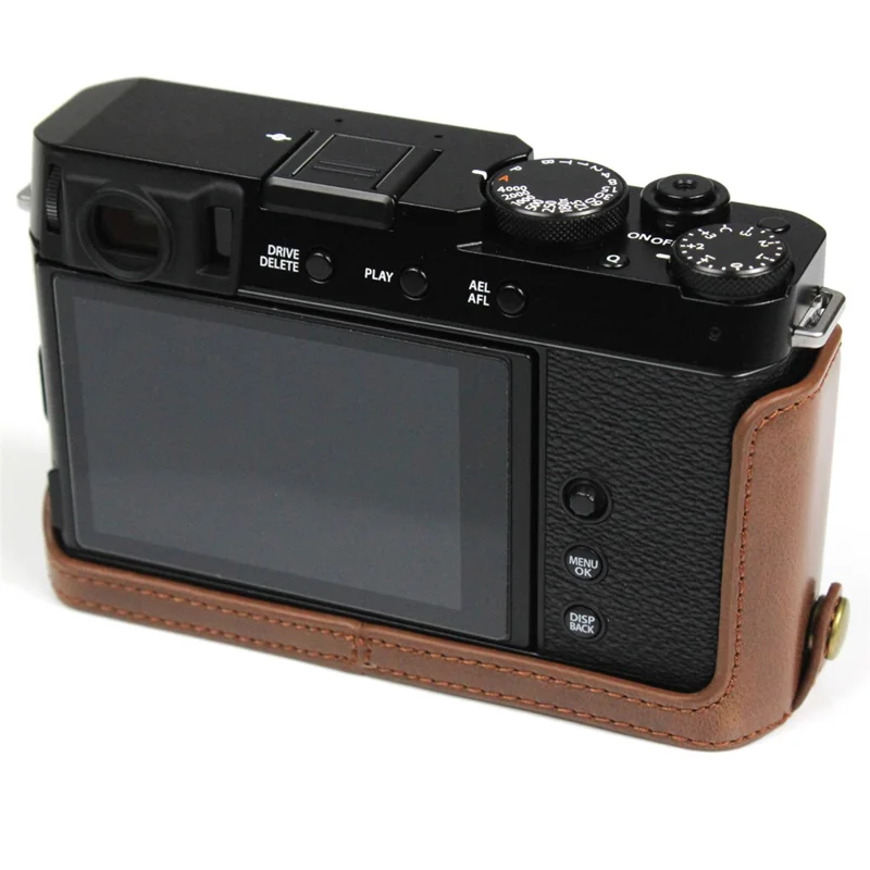 PU-Leder-Kameratasche, Bodenteil, Schutzhülle für den halben Körper mit Batteriefach für Fuji X-E4 - Kaffee