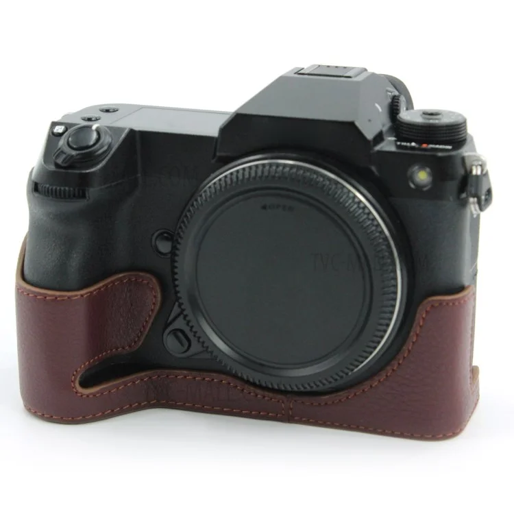 Camera Bottom Case Genuine Leather Protective Half Body Cover with Battery Opening for Fuji GFX100S / GFX100S II / GFX 50S II - Coffee