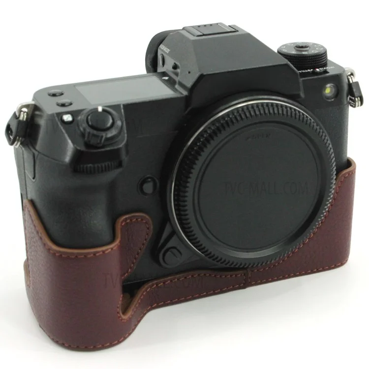 Camera Bottom Case Genuine Leather Protective Half Body Cover with Battery Opening for Fuji GFX100S / GFX100S II / GFX 50S II - Coffee