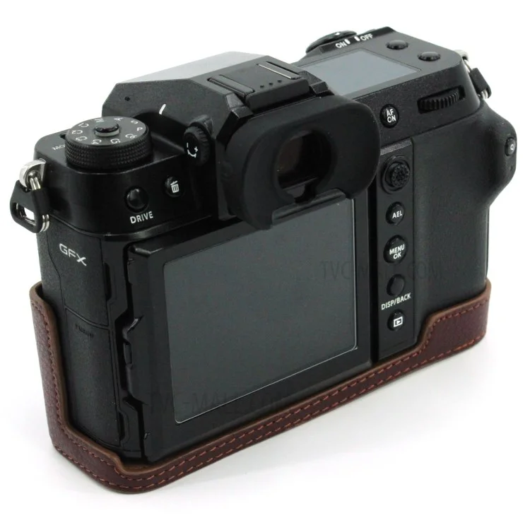 Camera Bottom Case Genuine Leather Protective Half Body Cover with Battery Opening for Fuji GFX100S / GFX100S II / GFX 50S II - Coffee