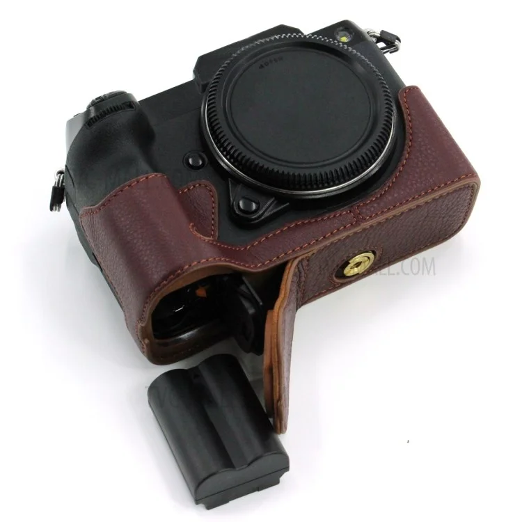 Camera Bottom Case Genuine Leather Protective Half Body Cover with Battery Opening for Fuji GFX100S / GFX100S II / GFX 50S II - Coffee