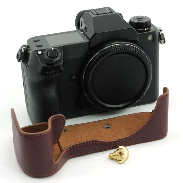 Camera Bottom Case Genuine Leather Protective Half Body Cover with Battery Opening for Fuji GFX100S / GFX100S II / GFX 50S II - Coffee