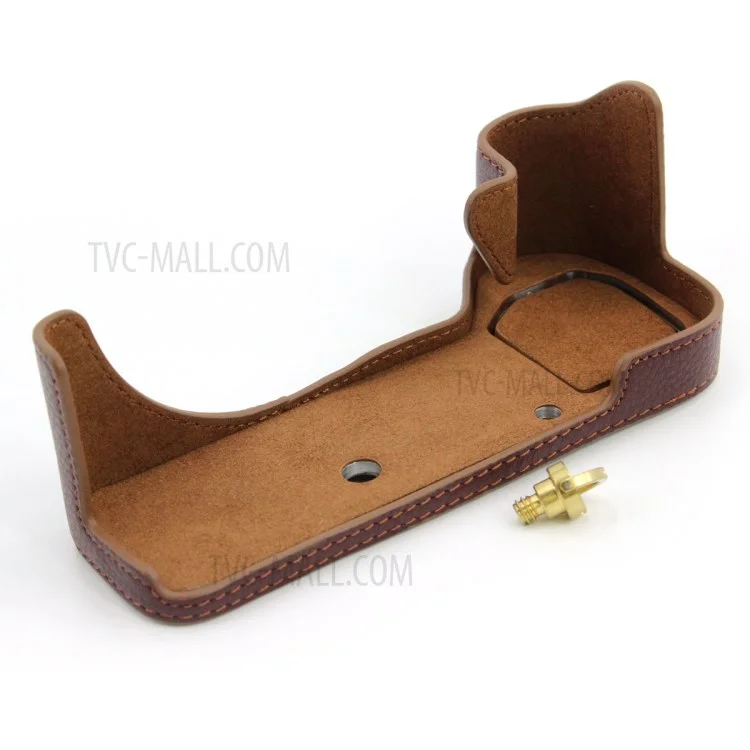 Camera Bottom Case Genuine Leather Protective Half Body Cover with Battery Opening for Fuji GFX100S / GFX100S II / GFX 50S II - Coffee