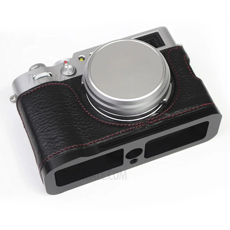 Genuine Leather Camera Half Body Cover Bottom Case Quick Release Plate Set for Fuji X100V - Litchi Texture Black