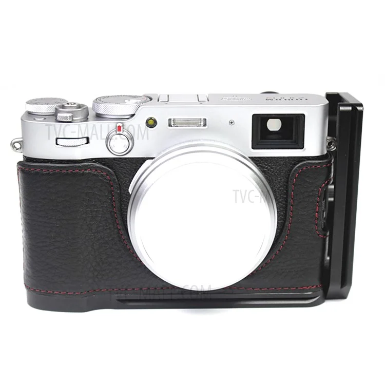 Genuine Leather Camera Half Body Cover Bottom Case Quick Release Plate Set for Fuji X100V - Litchi Texture Black