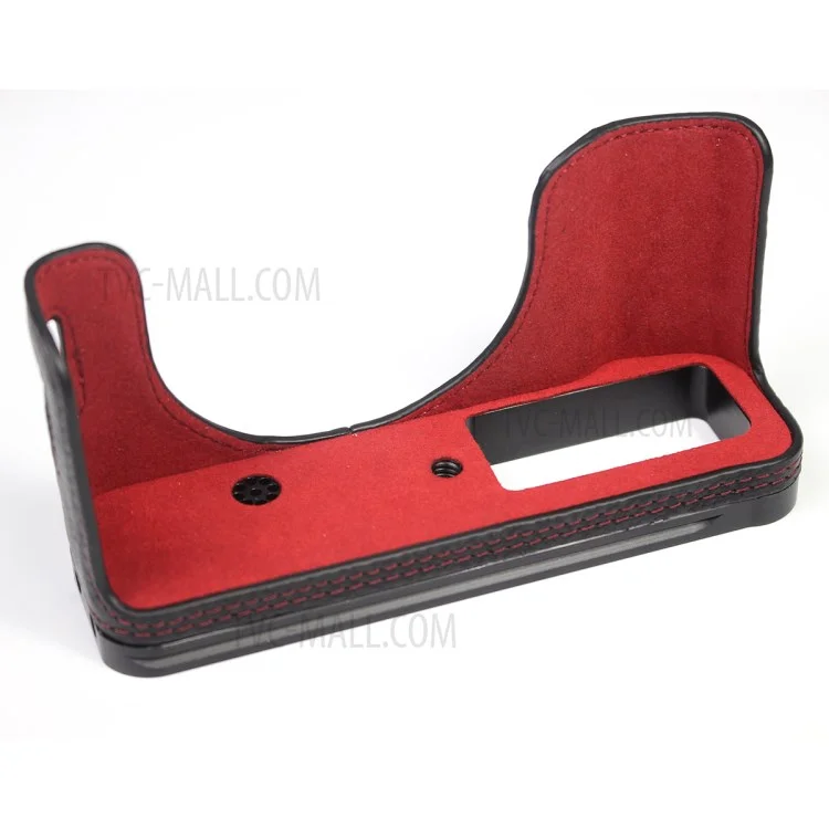 Genuine Leather Camera Half Body Cover Bottom Case Quick Release Plate Set for Fuji X100V - Litchi Texture Black
