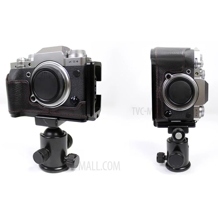 Genuine Leather Camera Half Body Cover Bottom Case Quick Release Plate Set for Fuji X100V - Litchi Texture Black