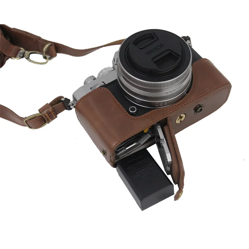 PU Leather Detachable Camera Bag Case Battery Opening Design Protective Cover with Lens Pouch and Shoulder Strap for Nikon Z fc 28mm - Coffee