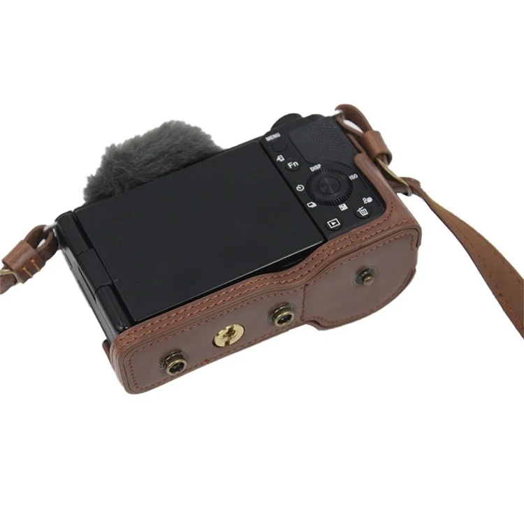 PU Leather Detachable Camera Bag Battery Opening Design Protective Case Cover with Accessories Pouch Shoulder Strap for Sony ZV-E10 - Coffee