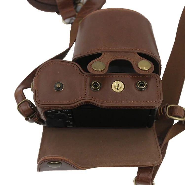 PU Leather Detachable Camera Bag Battery Opening Design Protective Case Cover with Accessories Pouch Shoulder Strap for Sony ZV-E10 - Coffee