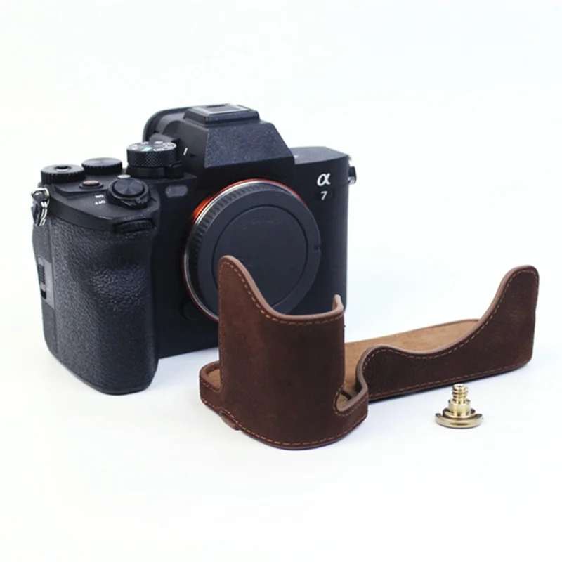 For Sony A7M5 / A7M4 / A1 / A7S III / A7S3 / A7R5 Shockproof Camera Cover Genuine Leather Camera Bottom Case Protective Sleeve - Coffee